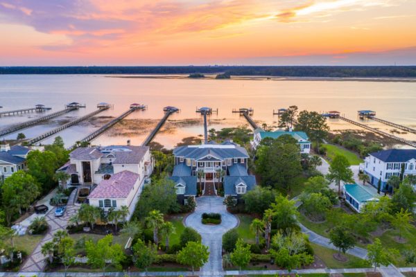 Drone photo of dock, house and sunset in Mt. Pleasant