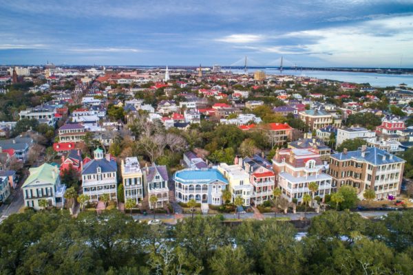 Drone photo of South Battery Street in downtown Charleston